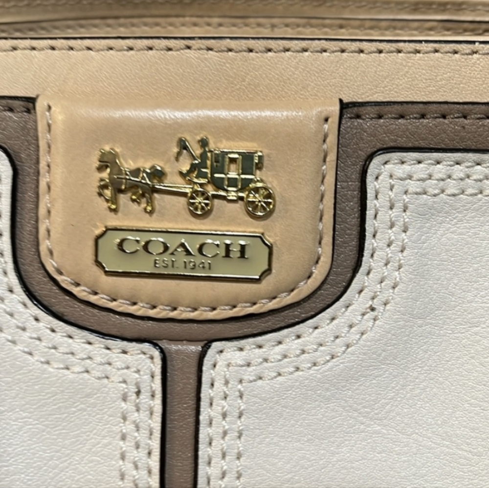 COACH EUC Madison Colorblock Kara Carryall beige/lime Leather Excellent LIKE new - Picture 8 of 11
